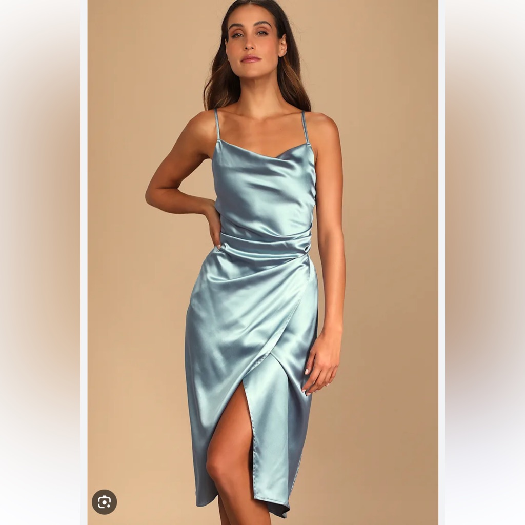Lulu's Dusty Blue Satin Midi Dress